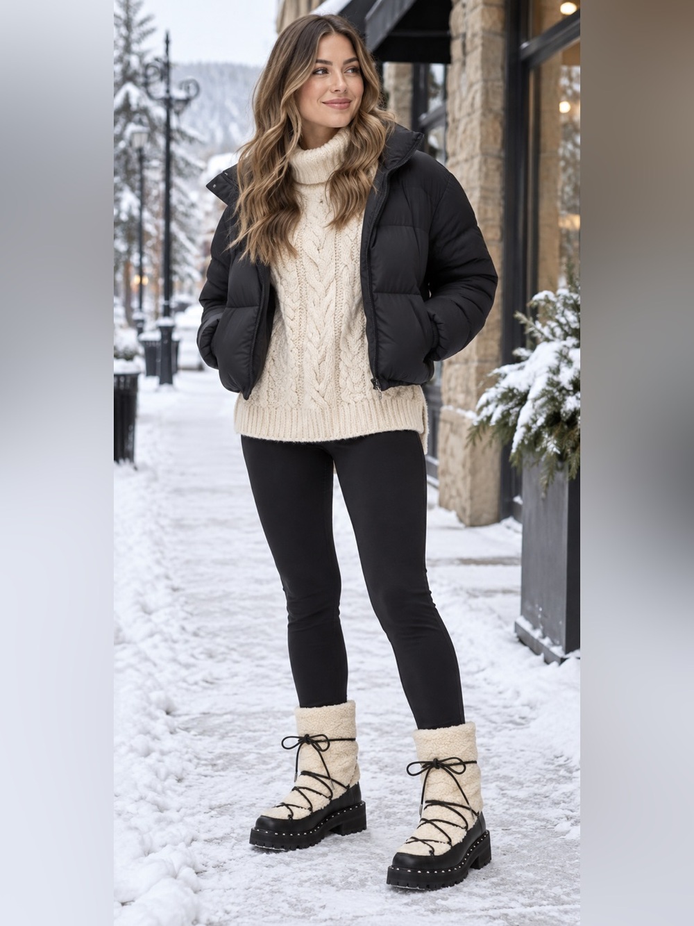 AQUA Fuzz Women’s Leather Lug Sole Sherpa Lace Up Winter Boot Black Size 6.5